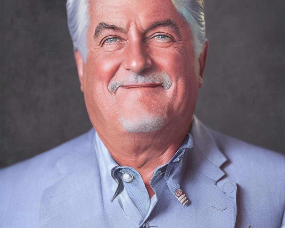 Elderly man in blue shirt smiling on gray background
