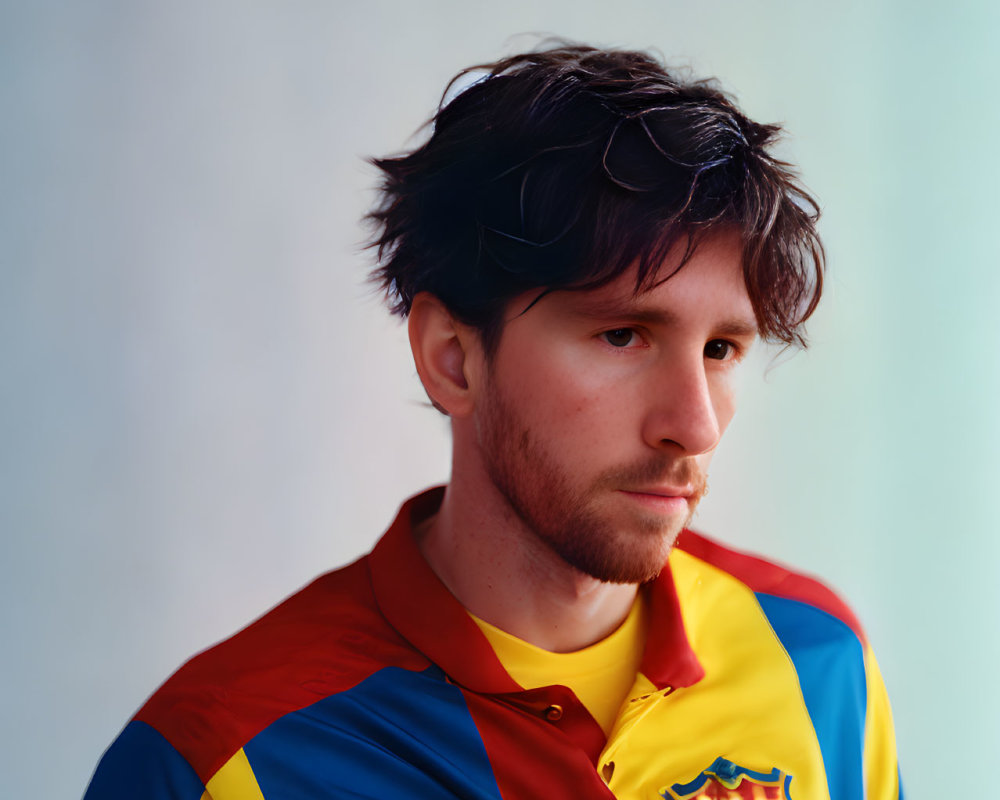 Person in thoughtful expression wearing red and blue striped soccer jersey on gradient background