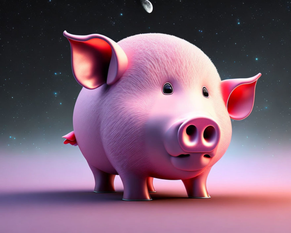 Cartoonish pink pig 3D illustration with red cape under spotlight