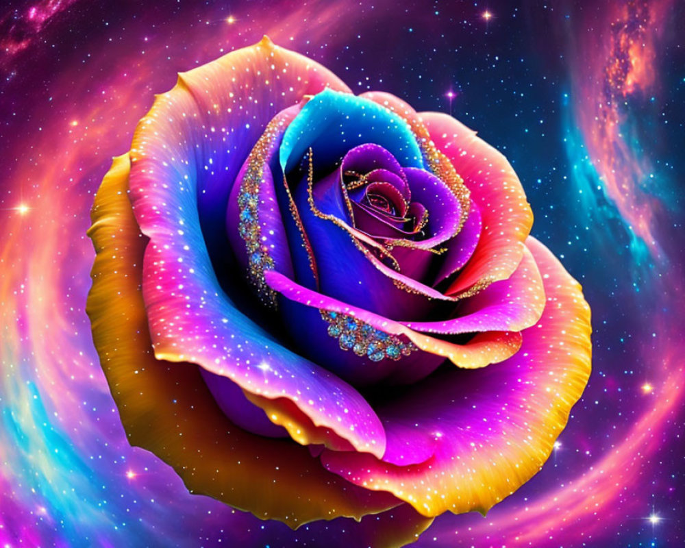 Colorful digital artwork: Rose with cosmic patterns on starry space background