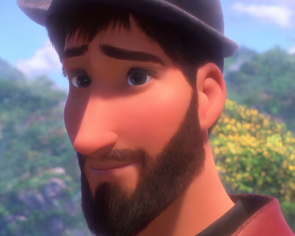 Smiling animated character with beard and cap in natural backdrop
