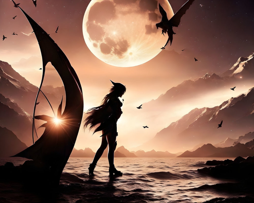 Silhouette of girl by sea at dusk with dragons, birds, moon, mountains, and sunset