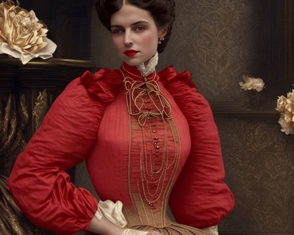 Victorian woman in red blouse, gold necklace, and crown shows elegance.