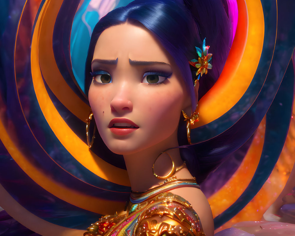 Close-up of 3D animated young female character with expressive eyes, colorful swirling patterns, and golden