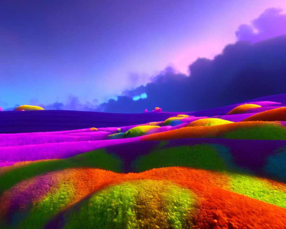 Vibrant surreal landscape: colorful hills under purple sky
