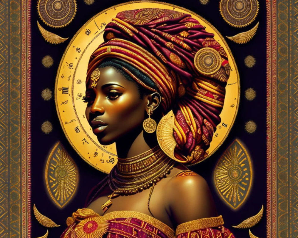 Detailed illustration of woman in red headwrap with gold jewelry on black background with astrological symbols