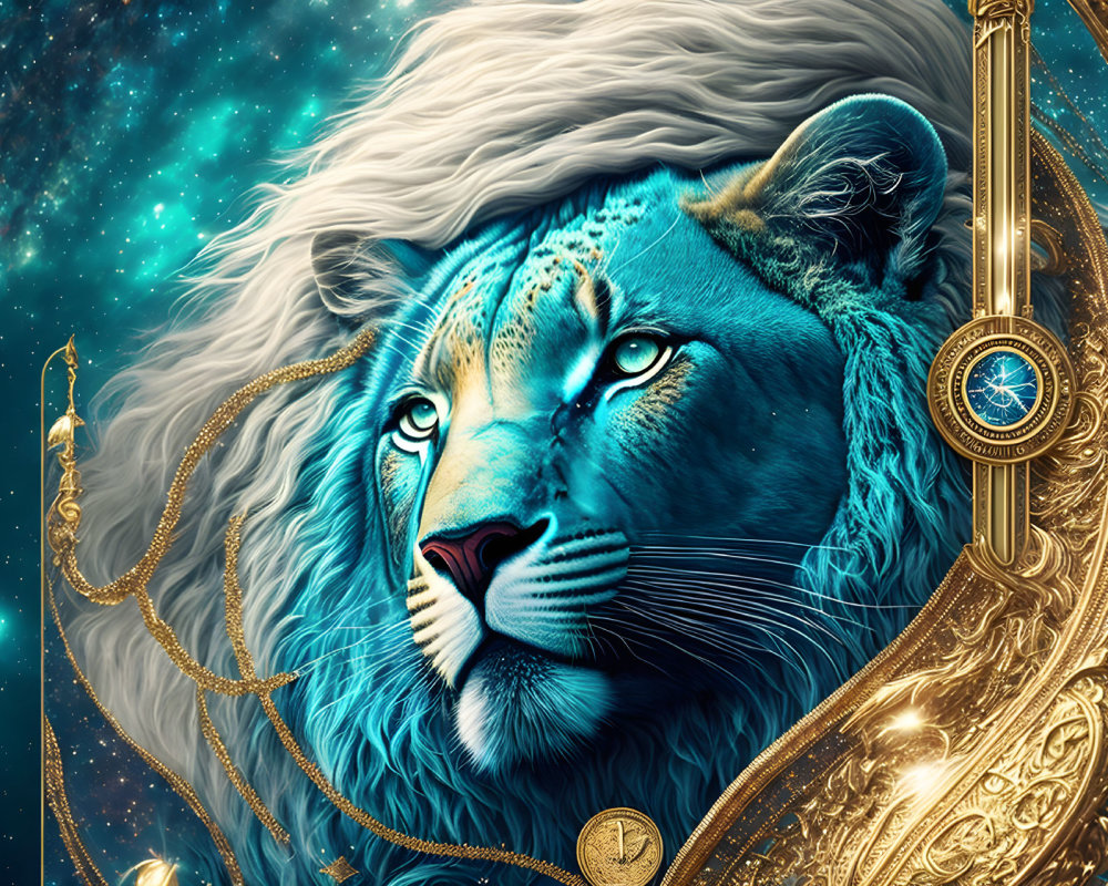 Fantasy-themed image: Blue lion with white mane in cosmic setting