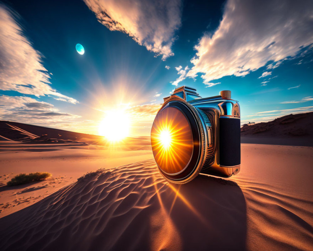 Vintage Camera in Sandy Desert at Sunset with Sun Flare