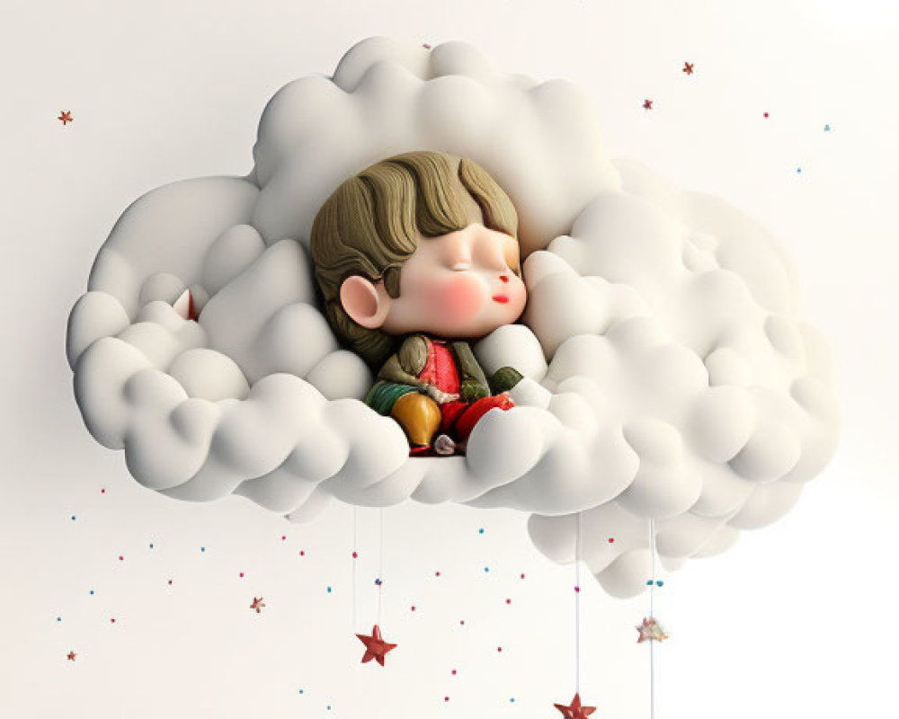 Child Sleeping in Cloud Surrounded by Stars and Flying Characters