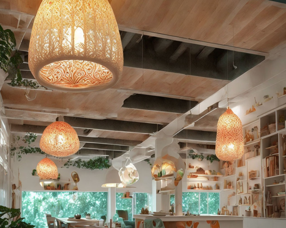 Warmly Lit Wooden Interior with Ornate Lamps & Plant Decor