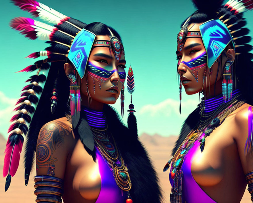 Indigenous women with feather headdresses and tribal makeup in desert setting