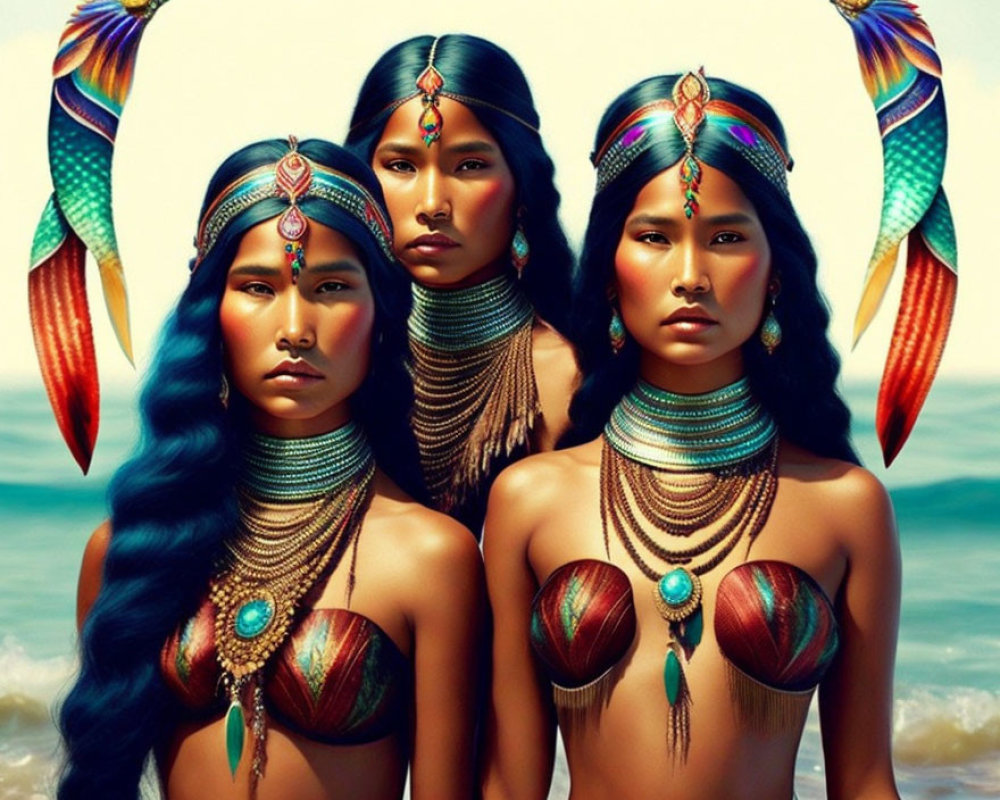 Indigenous individuals in feathered headdresses by the beach