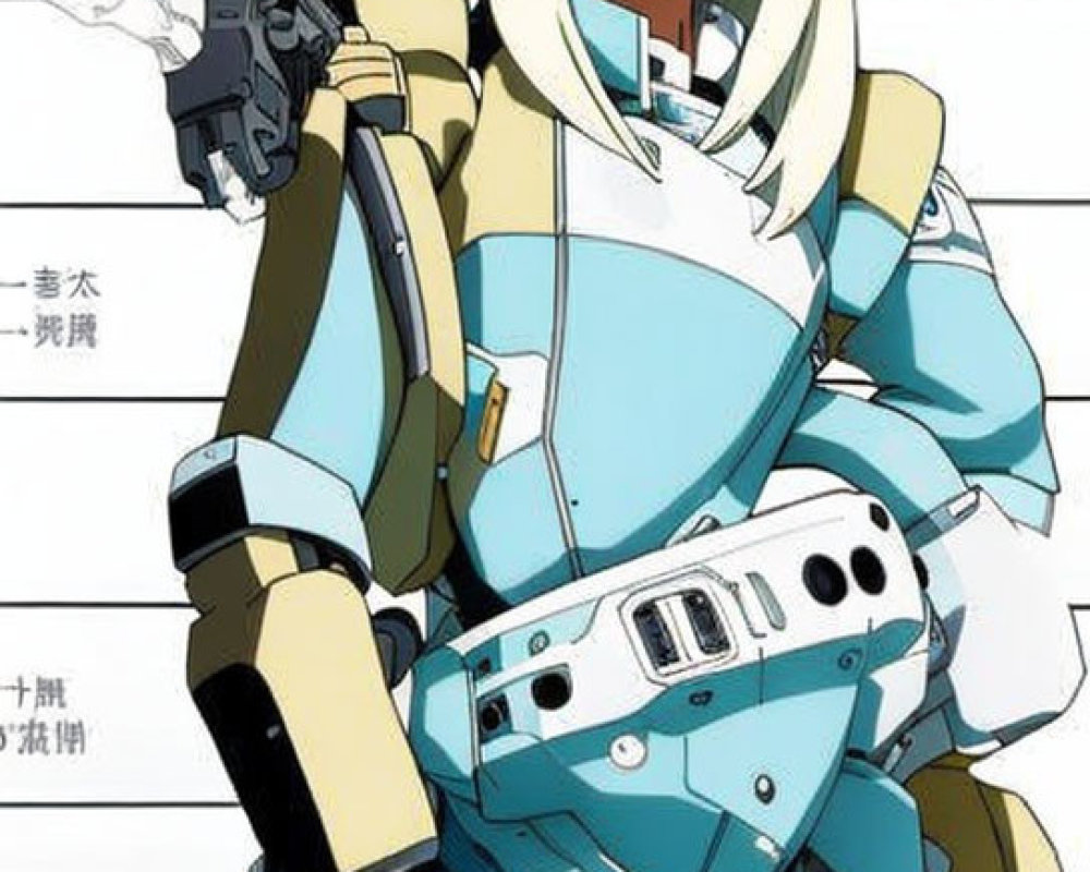 Blonde Anime Character in Futuristic Blue Armor with Handgun