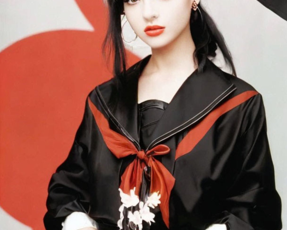 Dark-haired woman in red and black attire against red and white backdrop