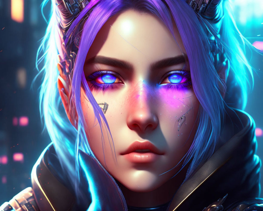 Female portrait with blue eyes, futuristic headphones, and glowing face markings on neon backdrop
