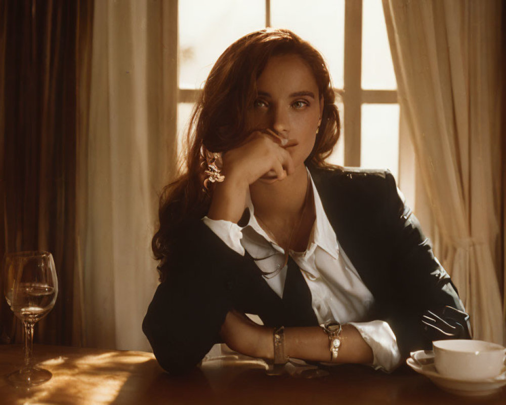 Professional woman in black blazer and white shirt with teacup, backlit by warm sunlight