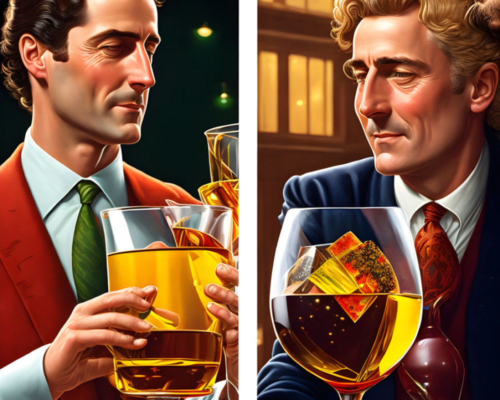 Stylized illustrations of men toasting with whiskey glasses
