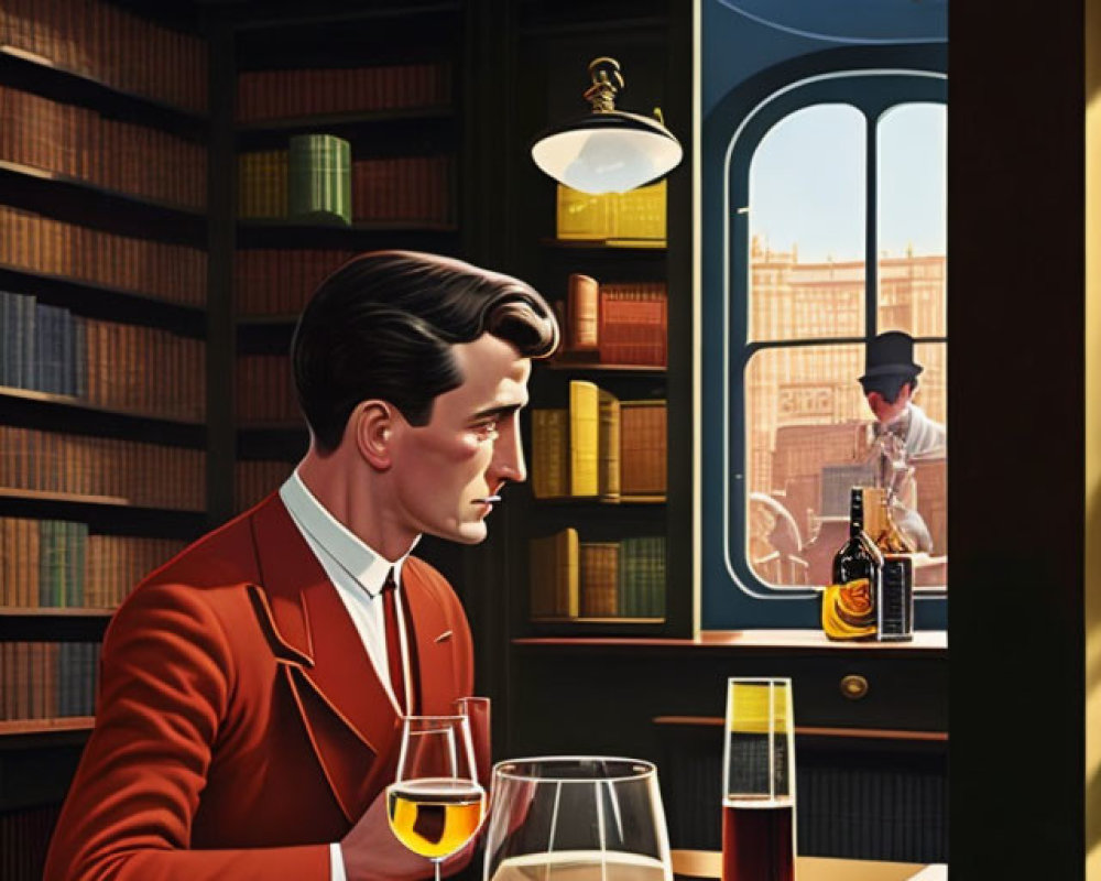 Man in stylish attire at bar with drinks, looking out window and bookshelves in background
