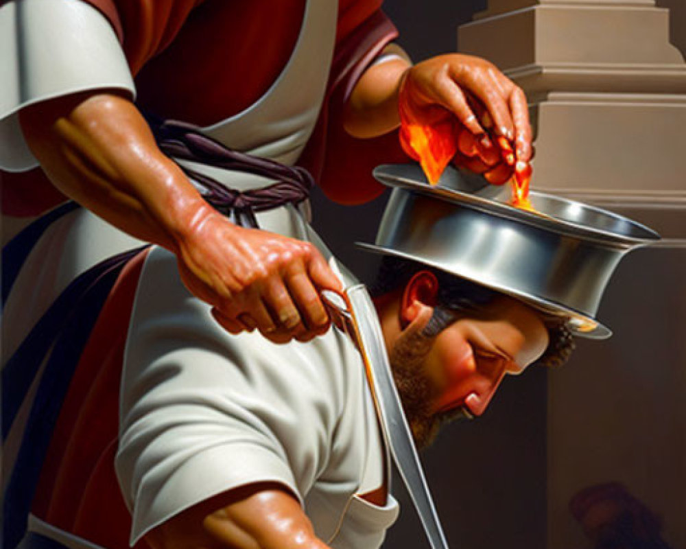 Stylized painting of two individuals with flaming food and sliced oranges