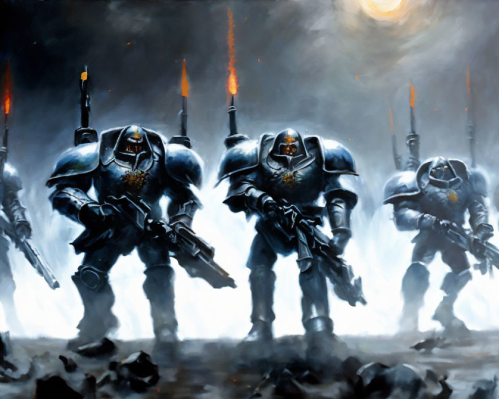 Futuristic armored soldiers with rifles in smoky battlefield