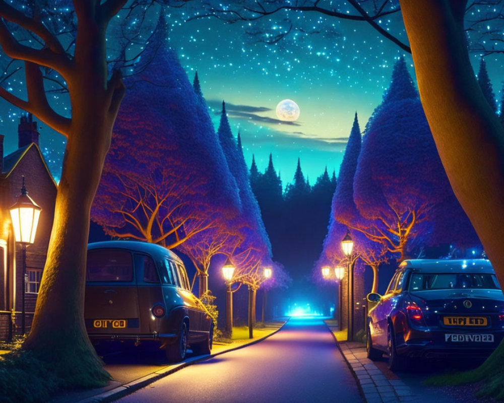 Nighttime street scene with illuminated trees, parked cars, full moon & starry sky