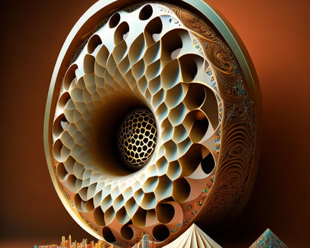 Circular 3D fractal design with geometric patterns on warm background