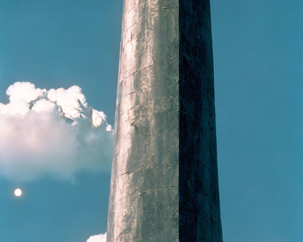 Weathered tall column under blue sky with fluffy white clouds