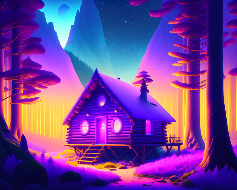 Fantasy landscape illustration with cabin, mushrooms, mountains, and moon