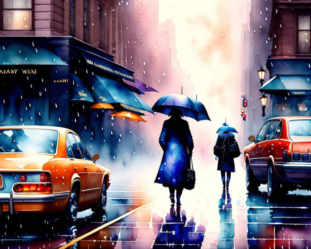 Two individuals under umbrella on wet city street with parked cars and rain reflections