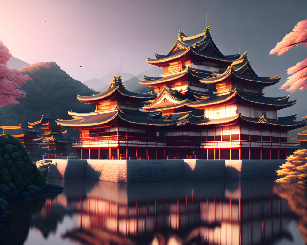 Tranquil Japanese pagoda near water under pink sky