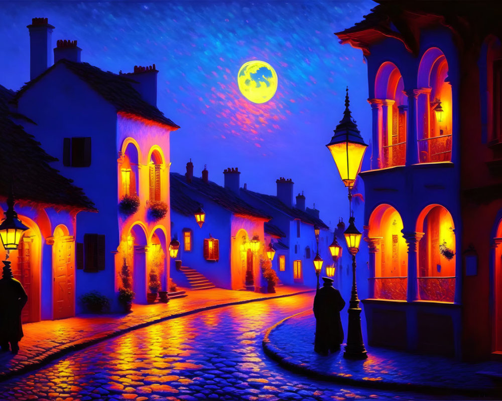 Cobblestone Street Night Scene with Glowing Houses and Full Moon