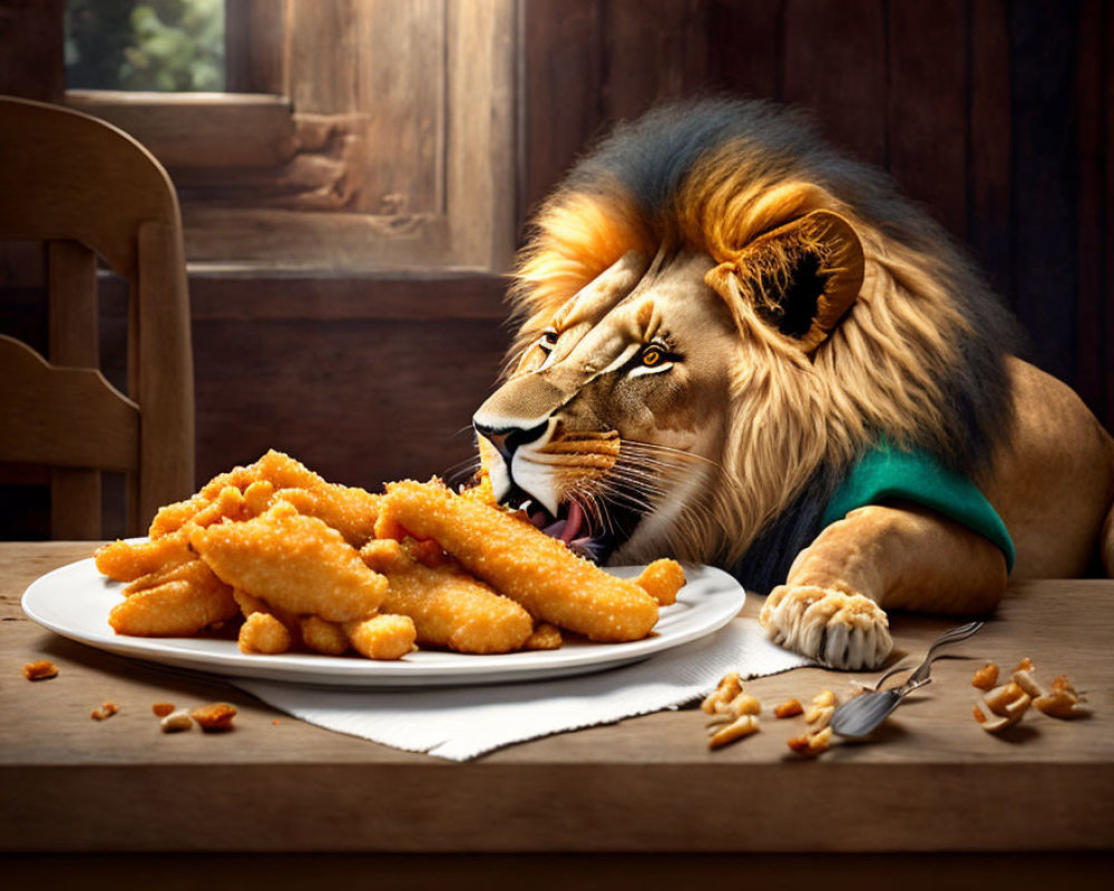 Lion in green sweater at wooden table with fried fish sticks and fork in homely room