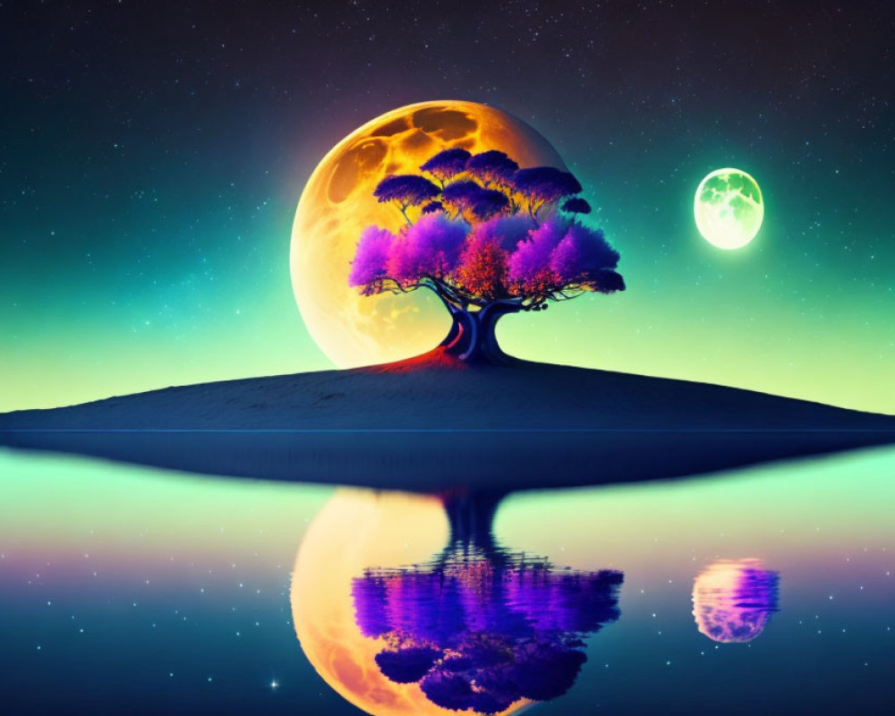 Landscape painting of solitary tree on hill under yellow and green moons