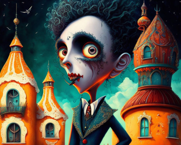 Stylized character in suit with large eyes against whimsical backdrop
