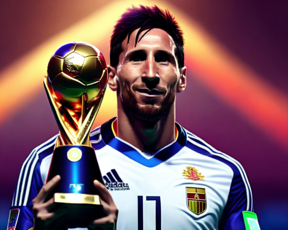 Smiling soccer player with golden trophy in blue and white jersey