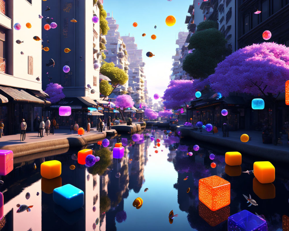 Colorful cityscape with canal, floating cubes, pedestrians, and purple foliage trees
