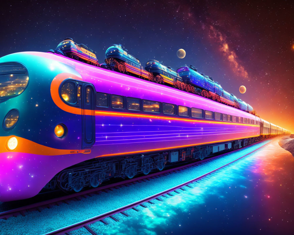 Colorful futuristic train on track beneath starry sky with multiple moons