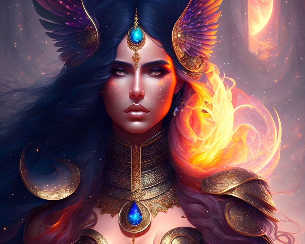 Fantasy Artwork: Woman with Blue Hair, Phoenix Wings, Gold Armor, Glowing Jewel