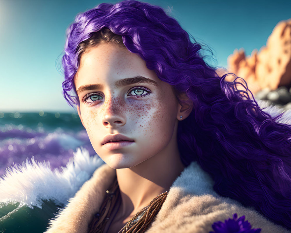 Digital artwork of a girl with purple hair and green eyes by the coast