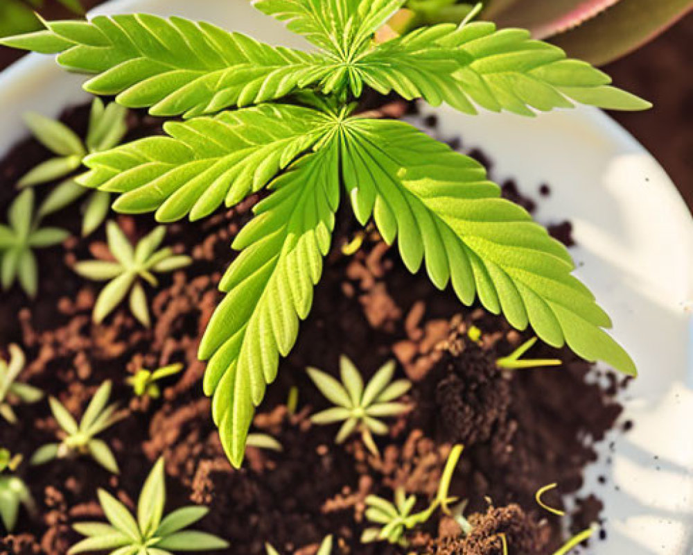 Young cannabis plant sprout on white plate with soil, surrounded by smaller sprouts in sunlight