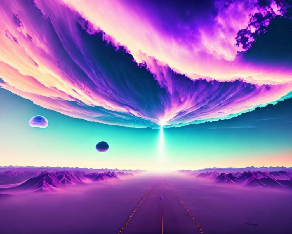 Surreal landscape with celestial wave, planets, and luminous beam