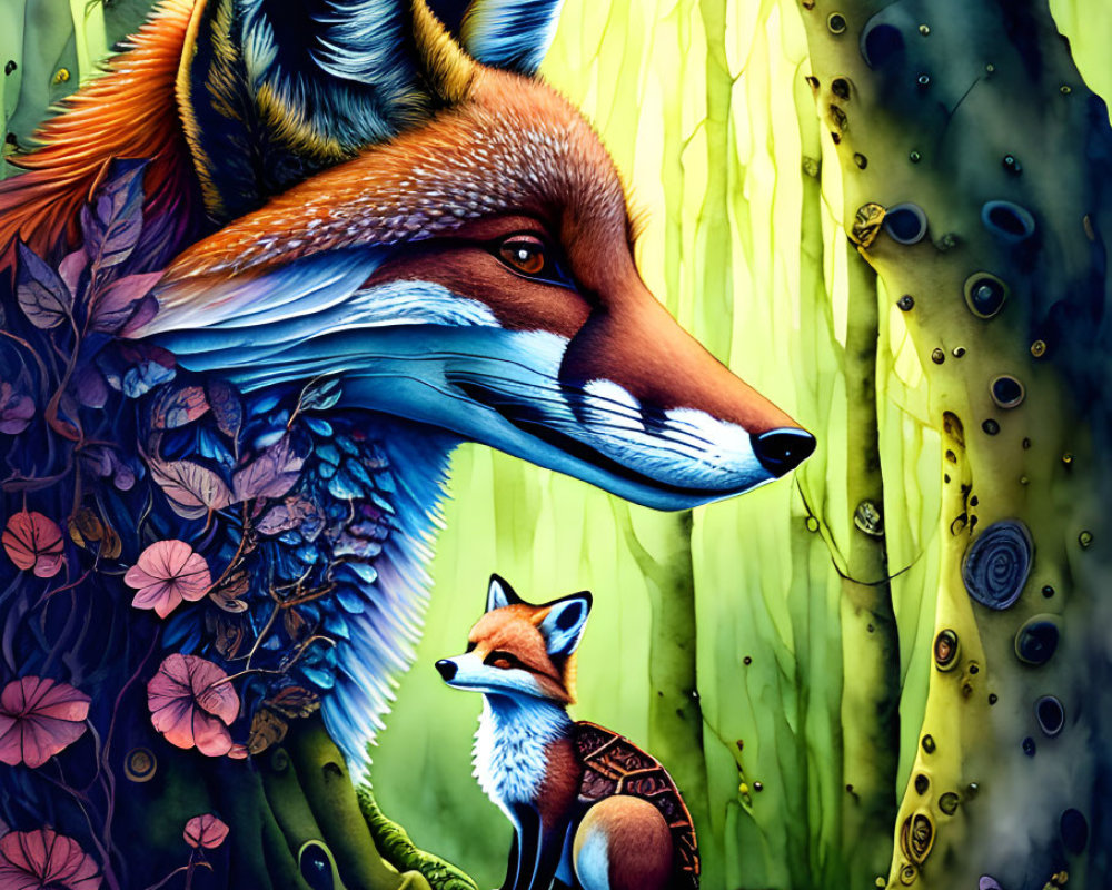 Detailed illustration of large fox head, smaller fox, and turtle in enchanted forest.
