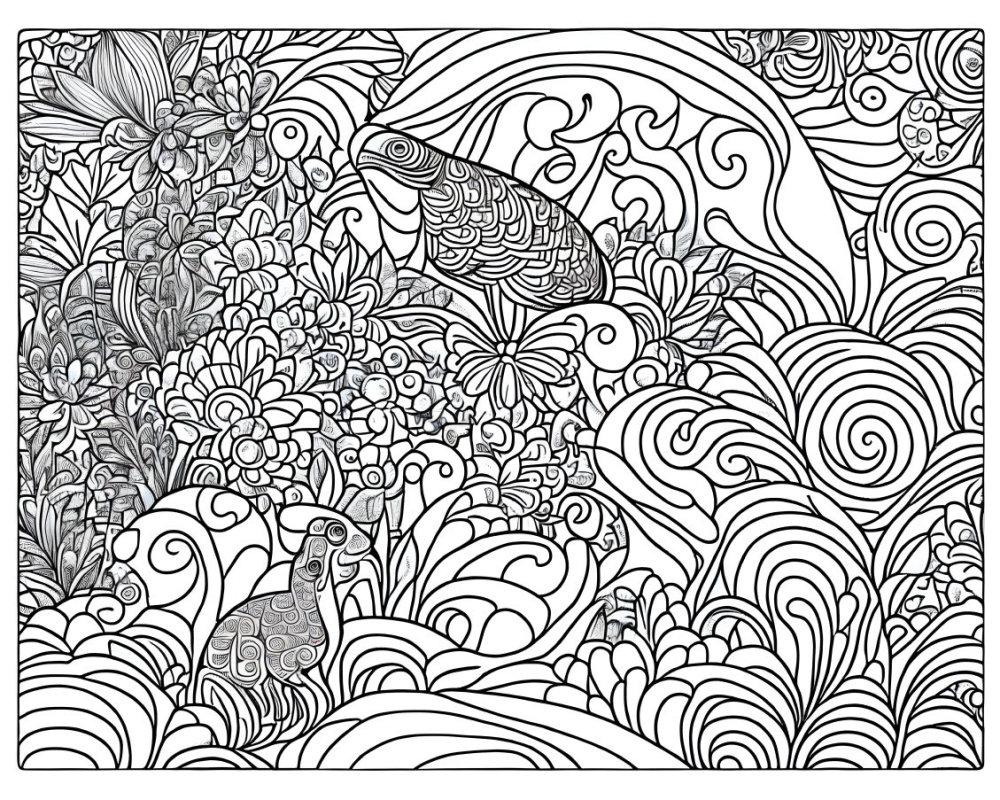 Detailed black and white floral, ocean, bird, fish, and seahorse coloring page