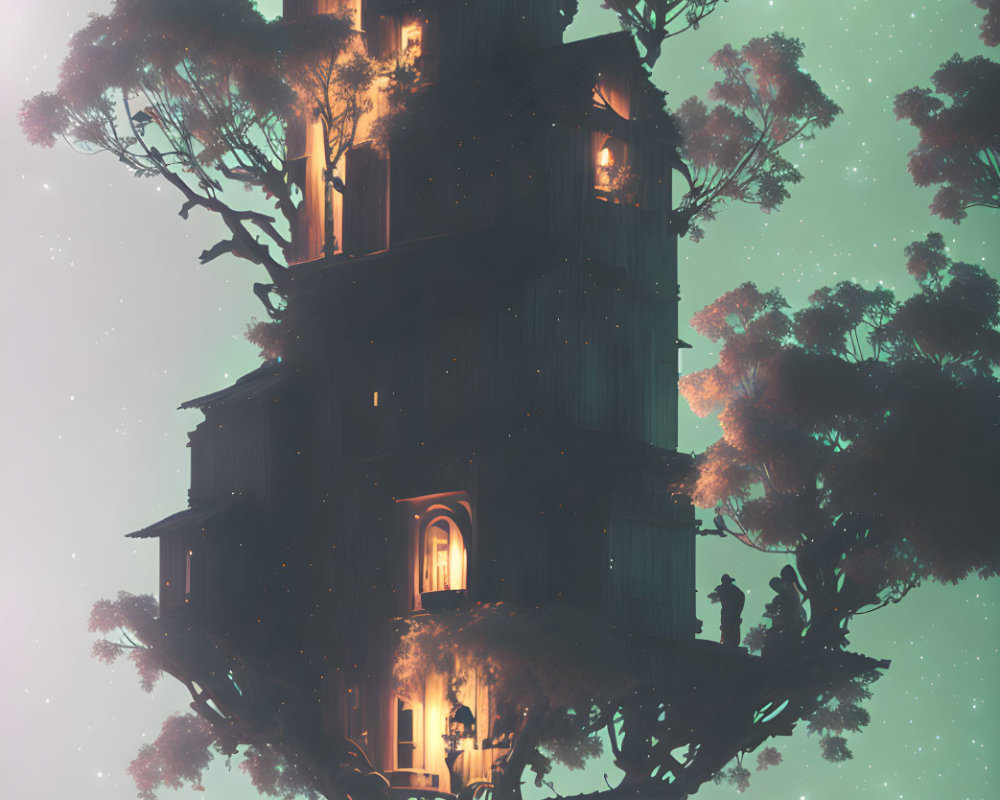 Majestic treehouse with glowing windows under starry sky and moon.