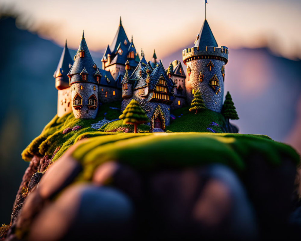 Miniature fairy tale castle with towers and turrets on lush hill at sunset