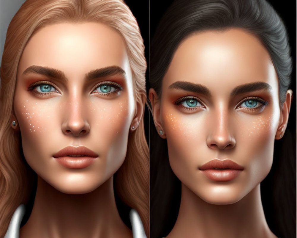 Digital portraits of women with blue eyes and freckles, one blonde and one dark-haired.