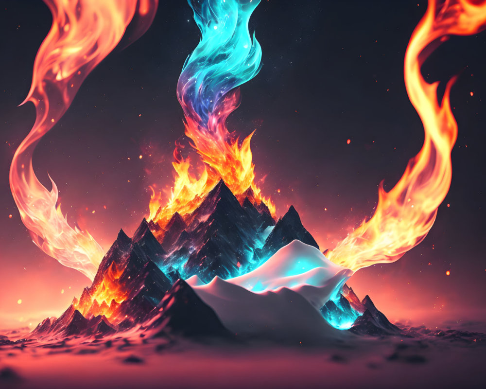 Mystic landscape with mountain ablaze in orange and blue flames