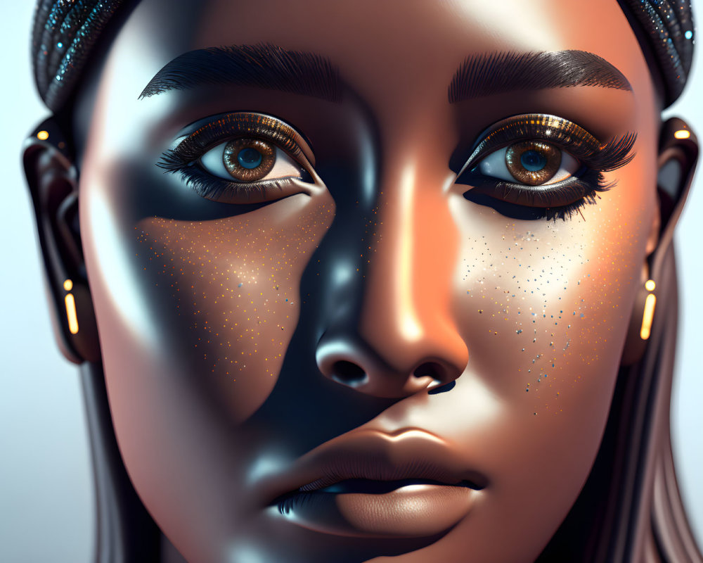 Detailed Close-Up of Stylized Female Face with Sparkling Makeup