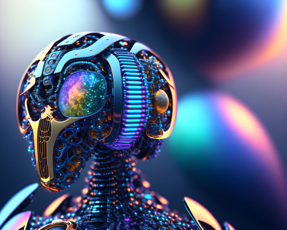 Detailed Futuristic Robot Head with Cosmic Colors on Bokeh Background