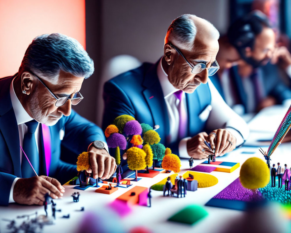 Colorful and intricate model with miniature figures and geometrical shapes assembled on a desk
